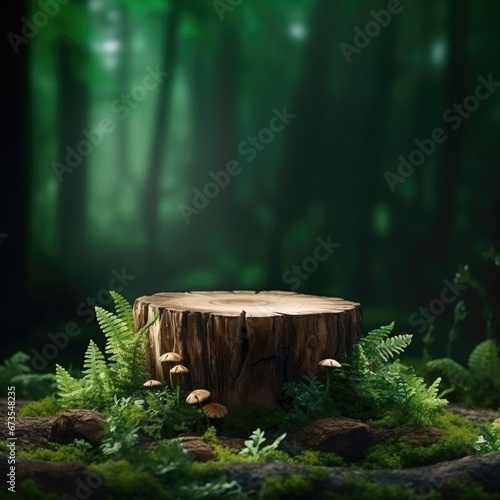 Fototapeta Naklejka Na Ścianę i Meble -  Empty table top made from an old tree stump with green forest background for product display