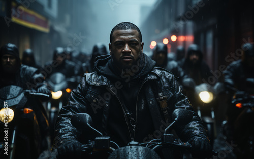  group of tough bikers in the bustling streets of a city