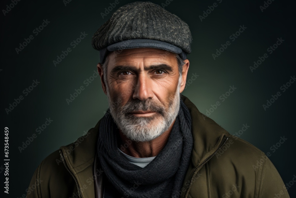 Portrait of an old man with a gray beard in a hat and a green jacket.