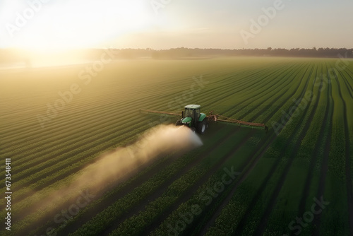 Tractor spray fertilizer on green field drone high angle view, agriculture background concept.