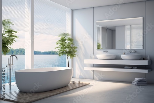 Luxurious bathroom interior with bathtub and beautiful view