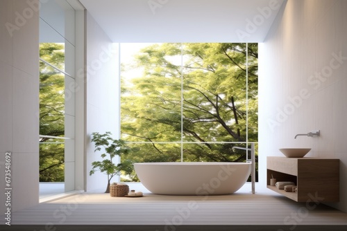 Luxurious bathroom interior with bathtub and beautiful view