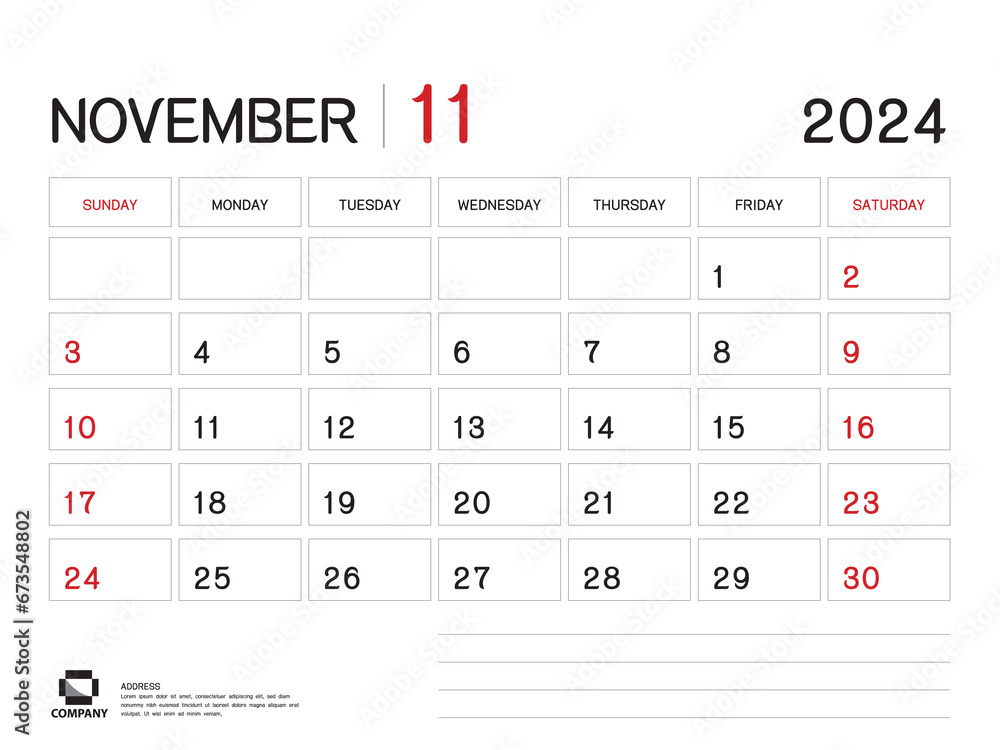 Calendar 2024 Vector- November 2024 year planner template, Desk Calendar 2024 Design, Week Start On Sunday, Planner, Stationery, Printing media, advertisement, business template Calendar 2024 Vector- November 2024 year planner template, Desk Calendar 2024 Design, Week Start On Sunday, Planner, Stationery, Printing media, advertisement, business template