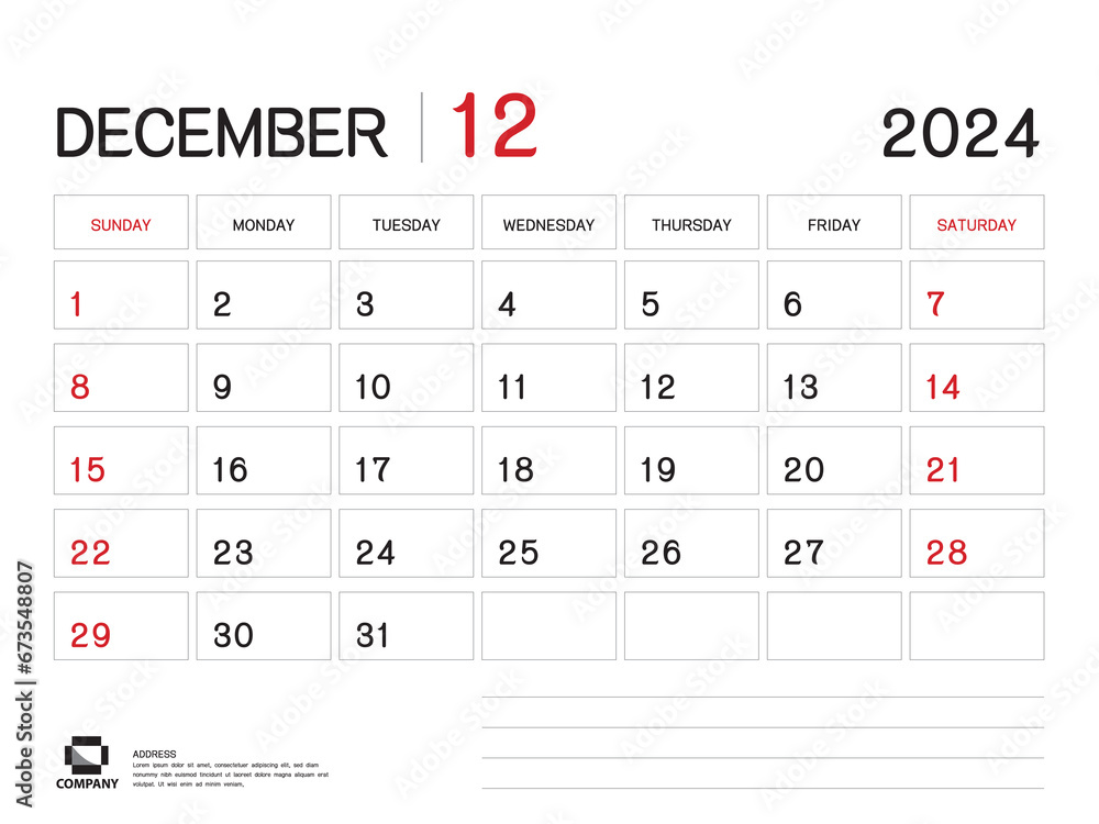 Calendar 2024 Vector December 2024 year planner template, Desk