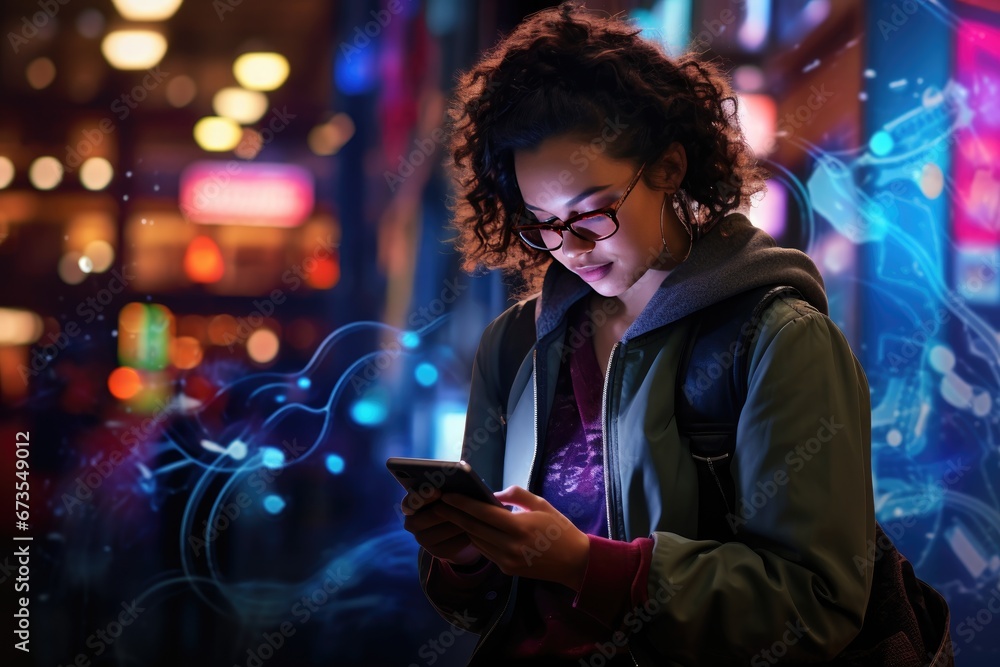 Beautiful Young Woman Using Smartphone Walking Through Night City Street Full of Neon Light. Portrait of Gorgeous Smiling Female Using Mobile Phone - obrazy, fototapety, plakaty 