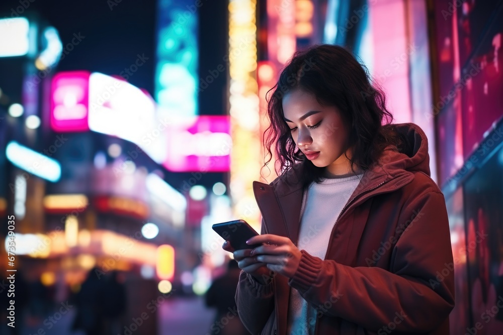 Beautiful Young Woman Using Smartphone Walking Through Night City Street Full of Neon Light. Portrait of Gorgeous Smiling Female Using Mobile Phone Beautiful Young Woman Using Smartphone Walking Through Night City Street Full of Neon Light. Portrait of Gorgeous Smiling Female Using Mobile Phone
