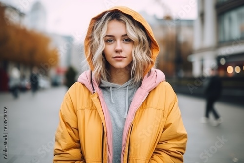 Outdoor portrait of beautiful young woman in yellow jacket looking at camera