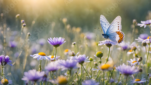 Beautiful wild flowers chamomile, purple wild peas, butterfly in morning haze in nature close-up macro. Landscape wide format, copy space, cool blue tones. Delightful pastoral airy artistic image. © AI By Ibraheem