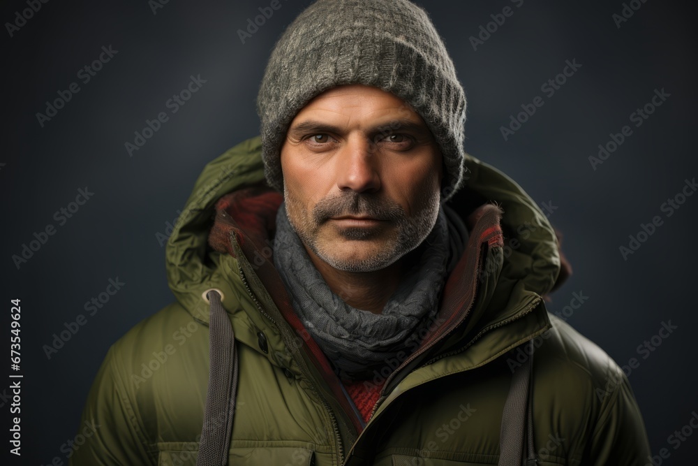 Portrait of a man in a warm jacket and a knitted hat. Portrait of a man in a warm jacket and a knitted hat.