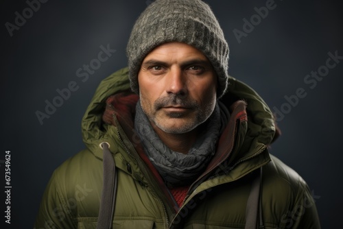 Portrait of a man in a warm jacket and a knitted hat.