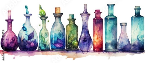 Gorgeous glass bottles tinted with watercolor for fragrance and magical concoctions found in fantasy games within the alchemy lab used for enchanting elixirs