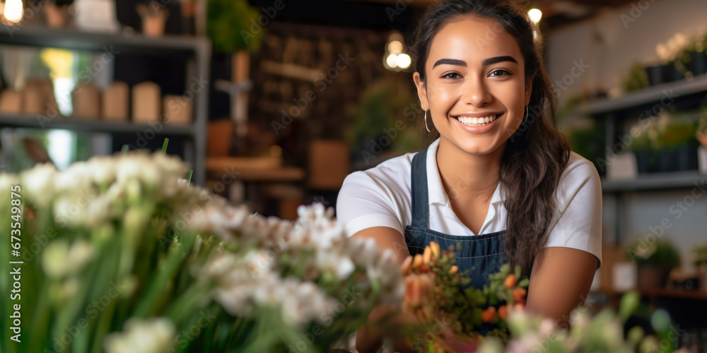 Fototapeta premium Latin American florist, flower shop on blurred background