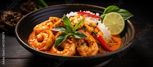 Thai style curry with red curry sauce featuring juicy shrimp and tropical pineapple