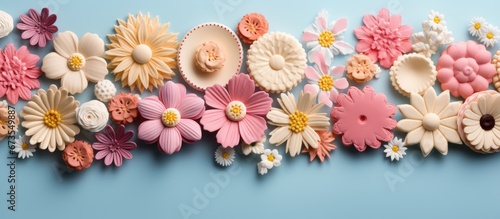 Various varieties of cookies and candies arranged in the shape of a flower Inventive and delightful embellishment Streamlined design Innovative notion vision and dreamlike elements Distincti