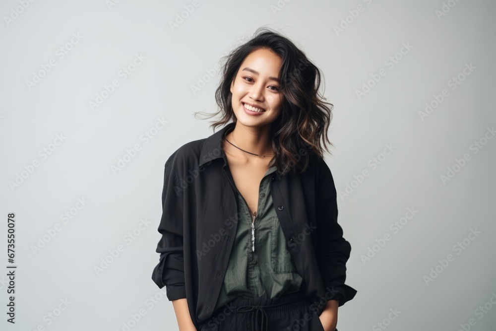 young beautiful asian woman smiling and looking at camera isolated on grey background young beautiful asian woman smiling and looking at camera isolated on grey background