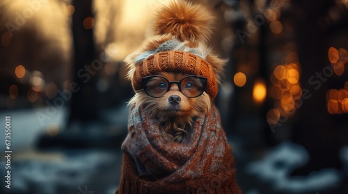 Christmas dog in sunglasses wearing winter knitted hat