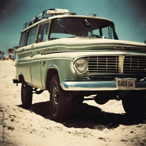 AI generated illustration of a car parked on a sandy beach with several people in the background