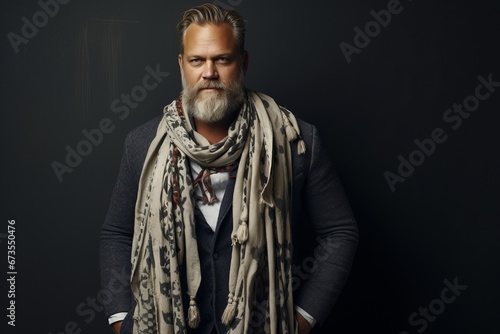 Portrait of a handsome bearded man with a shawl. Men's beauty, fashion.