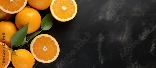 A high angle view captures the entirety of Sicilian oranges both whole and sliced artfully arranged on a black slate background © 2rogan
