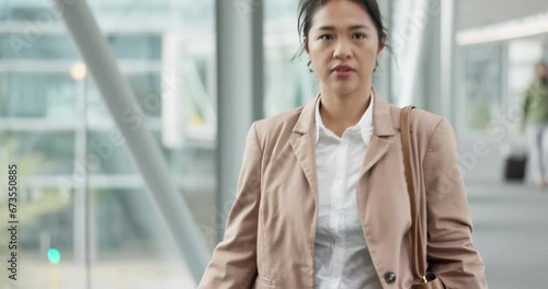 Wallpaper Mural Business woman, walking and portrait in the airport for travel, flight departure time or running late on schedule in building or office. Person, walk and Asian employee on journey or corporate trip Torontodigital.ca