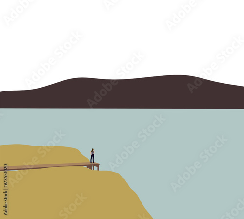 Woman standing on wooden pier by the lake in the forest in the morning. Calm relaxed breathing fresh lake and forest air