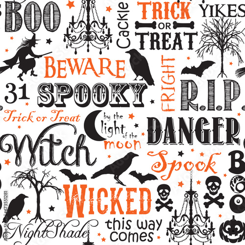 Seamless Pattern of Different Halloween Wordings with witch, crow, chandelier light, and bat- Halloween Wordings Vector Design