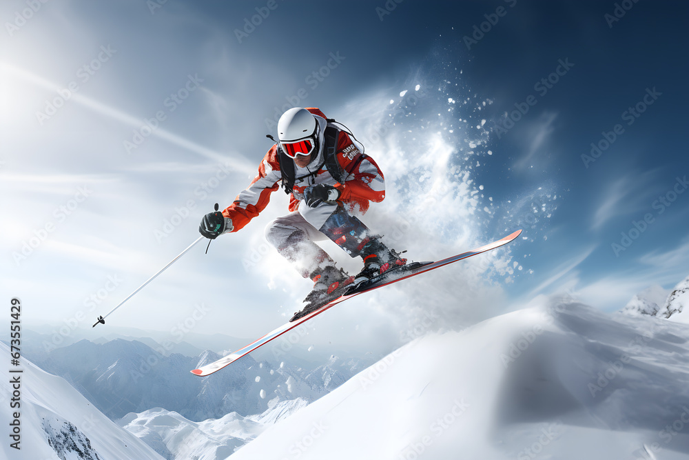 Skier performing spectacular jump on snow mountain, extreme sport