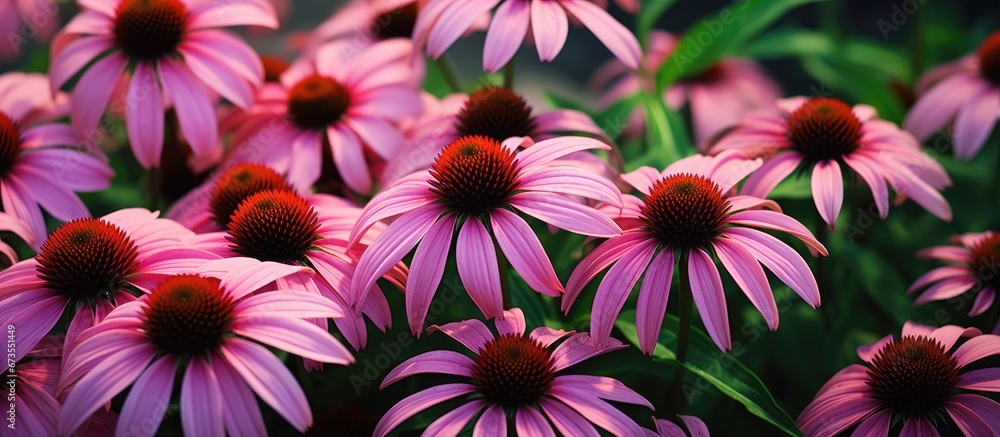 Obraz premium A garden showcases coneflowers in shades of both pink and purple shown from a moderately wide perspective