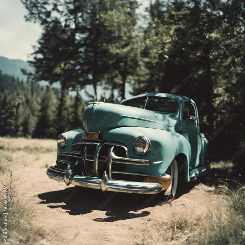 AI generated illustration of a vintage car parked on a remote dirt road surrounded by lush trees