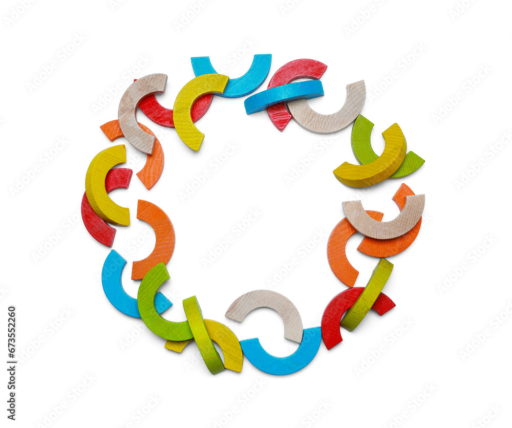 Colorful wooden pieces of play set isolated on white, top view. Educational toy for motor skills development Colorful wooden pieces of play set isolated on white, top view. Educational toy for motor skills development