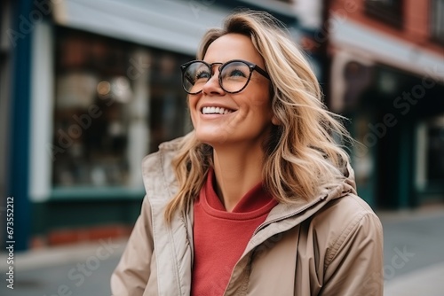 Portrait of a smiling young woman in eyeglasses standing outdoors © Iigo