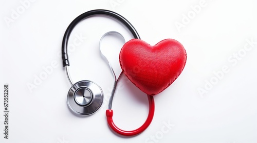 Medical stethoscope and heart on white background.