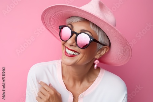 Portrait of smiling senior woman in hat and sunglasses on pink background