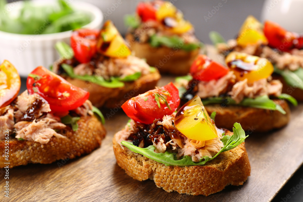 custom made wallpaper toronto digitalDelicious bruschettas with balsamic vinegar, tomatoes, arugula and tuna on wooden table, closeup