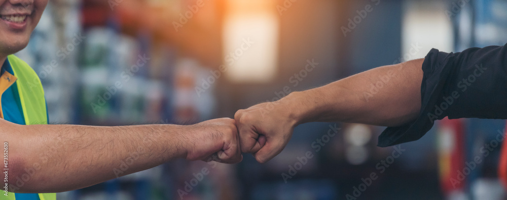 Banner Asian Teamwork Warehouse worker fist bump together. Engineer man ...