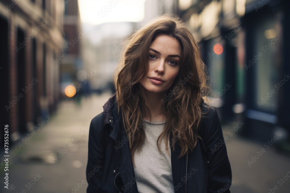 Portrait of beautiful young woman with long wavy hair in the city