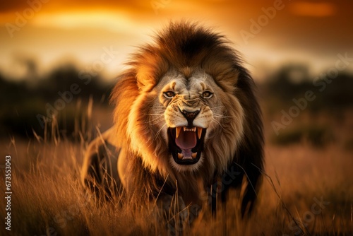 Male African lion striding through a savannah landscape at sunset, AI-generated.