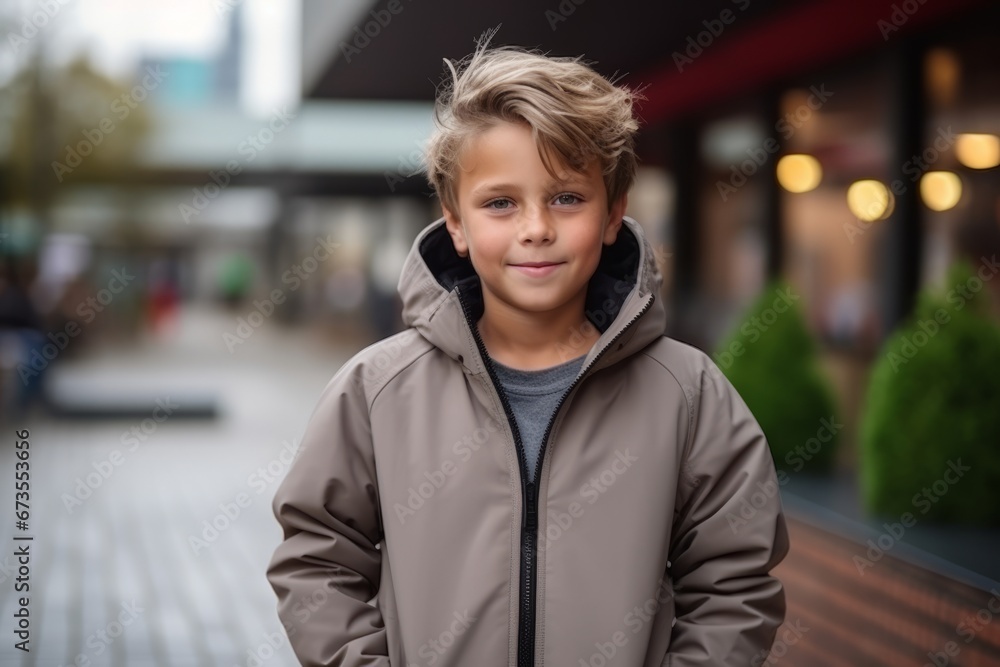 Portrait of a cute little boy in a coat on the street