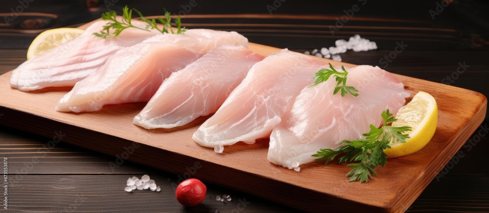 Fresh fillets of white fish displayed on a rustic backdrop made of a wooden board - obrazy, fototapety, plakaty 