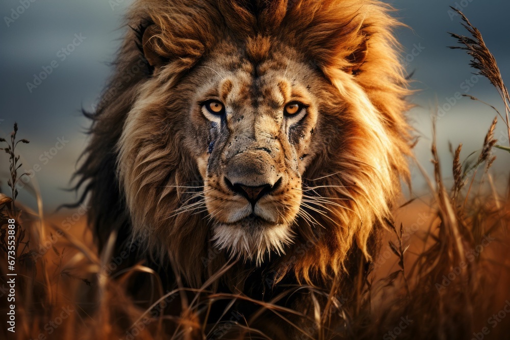 AI generated illustration of A majestic lion  in the sun-drenched savannah grasslands