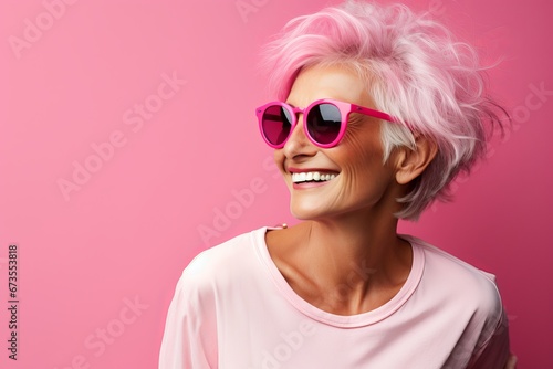 Fashionable senior woman with pink hair and sunglasses on pink background