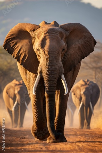 AI generated illustration of a majestic elephant traversing a dusty terrain  surrounded by its herd