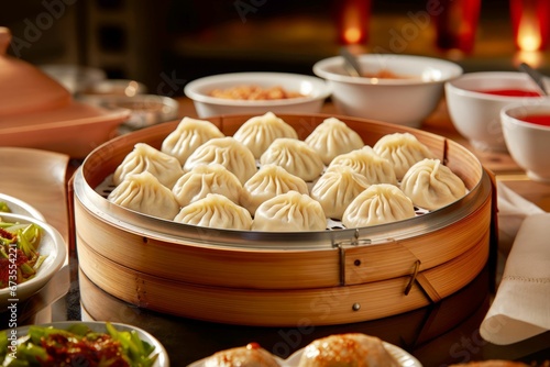 a wooden container of steamed dumplings sitting on a table photo