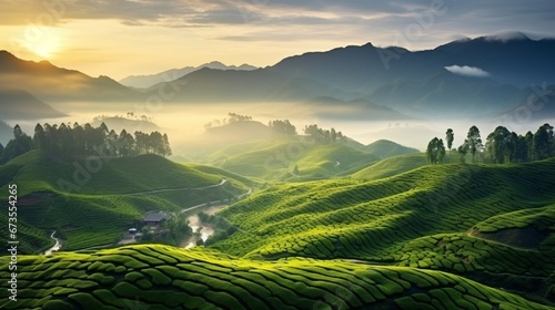 Mountains and hills landscape in the morning at Ciwidey, West Java, Indonesia. Tea plantation landscape, Greenery landscape. photo