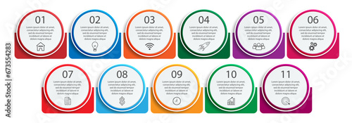Business Infographic Design Template. minimal Timeline design with 11 steps, 
options and marketing icons. Vector linear infographic with eleven circle connected elements. 
Can be used for your presen