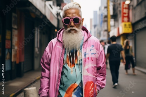 Handsome senior man with long gray beard wearing pink jacket and sunglasses on the street