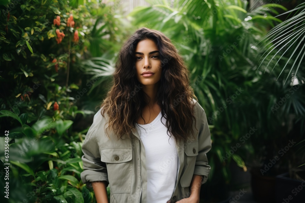 Portrait of beautiful young woman with long curly hair in green coat Portrait of beautiful young woman with long curly hair in green coat