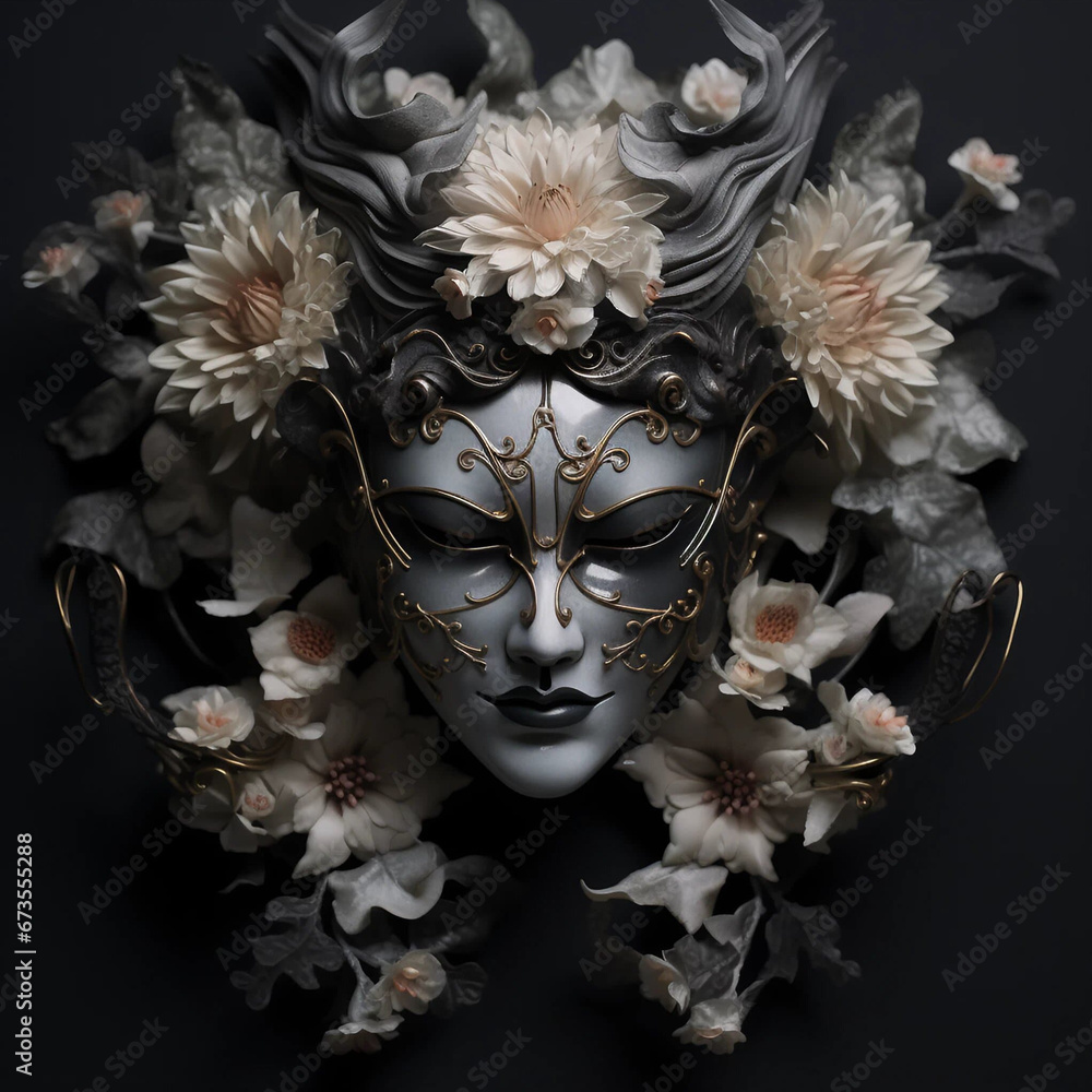 A Female Oni Mask Adorned With Flowers