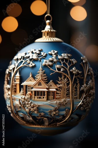 Elegant Christmas ball hanging on a ribbon . Greeting card for Christmas.