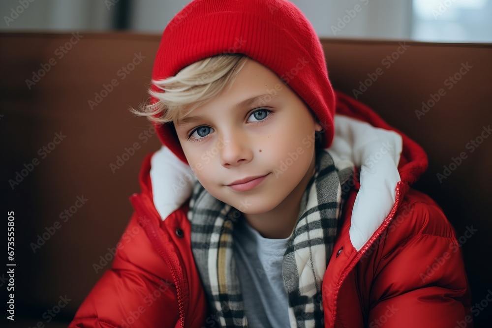 Portrait of a cute boy in a red jacket and a hat. Portrait of a cute boy in a red jacket and a hat.